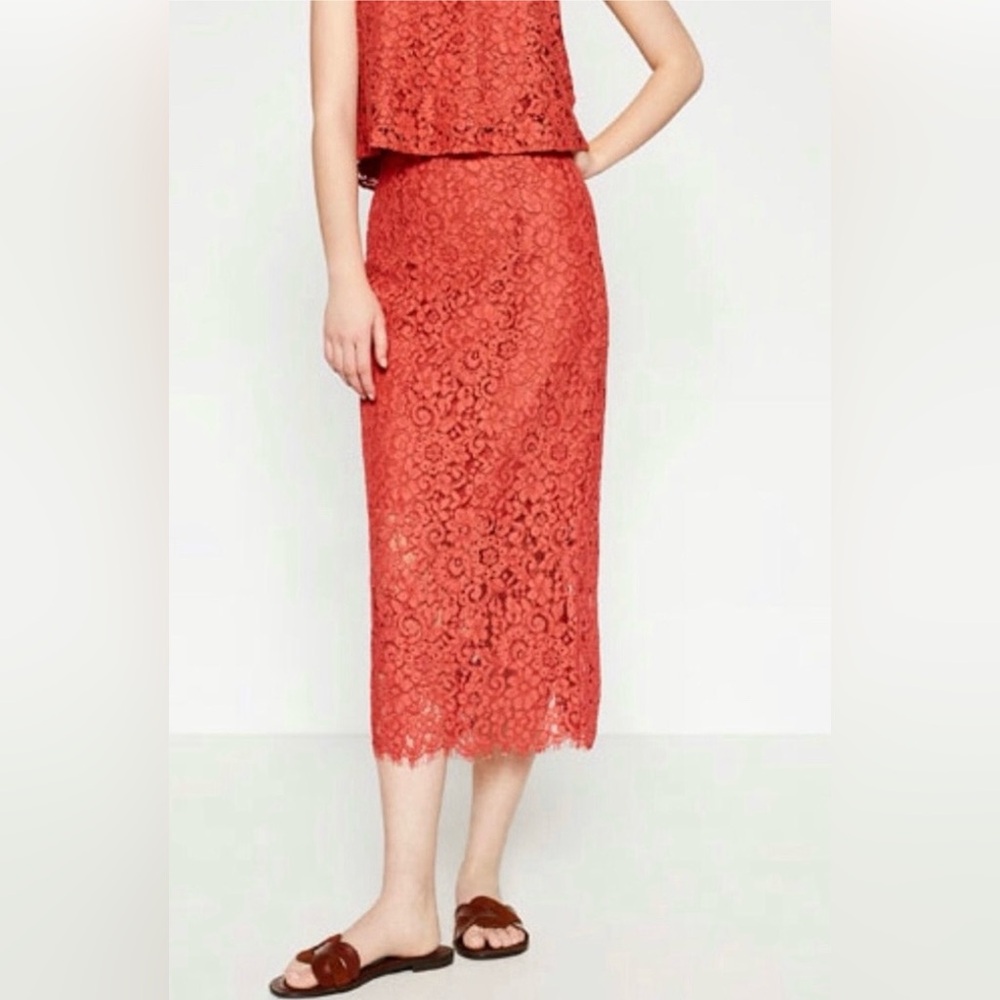 Lace Guipure Midi Skirt in Coral (NWT)